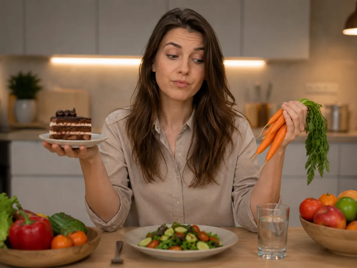 Женщина на кухне выбирает между куском торта и пучком моркови
